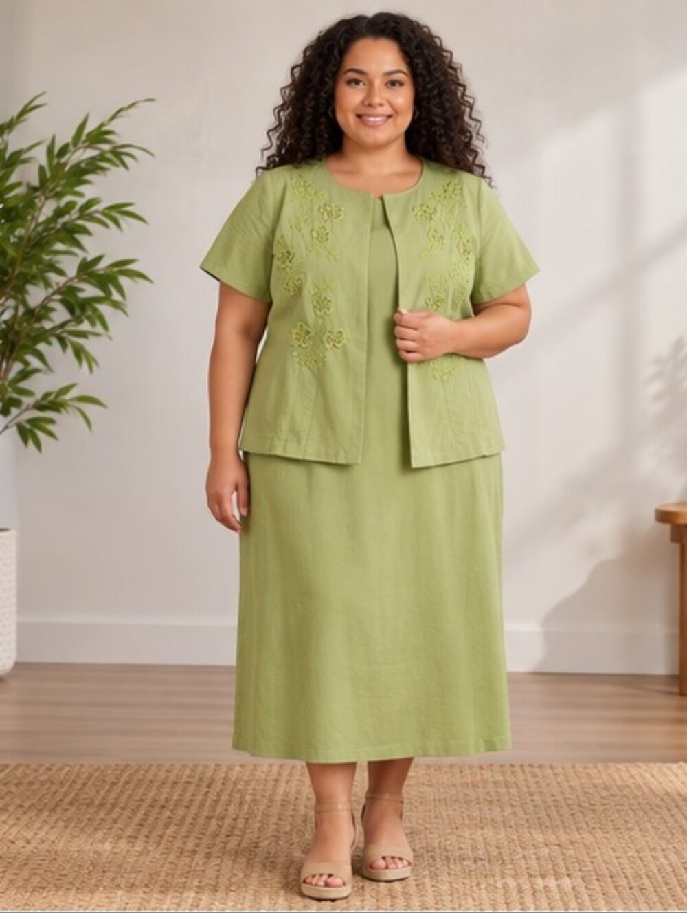 DRESSBARN | Sage Green Embroidered 2 Piece Midi Dress Jacket Size 22W